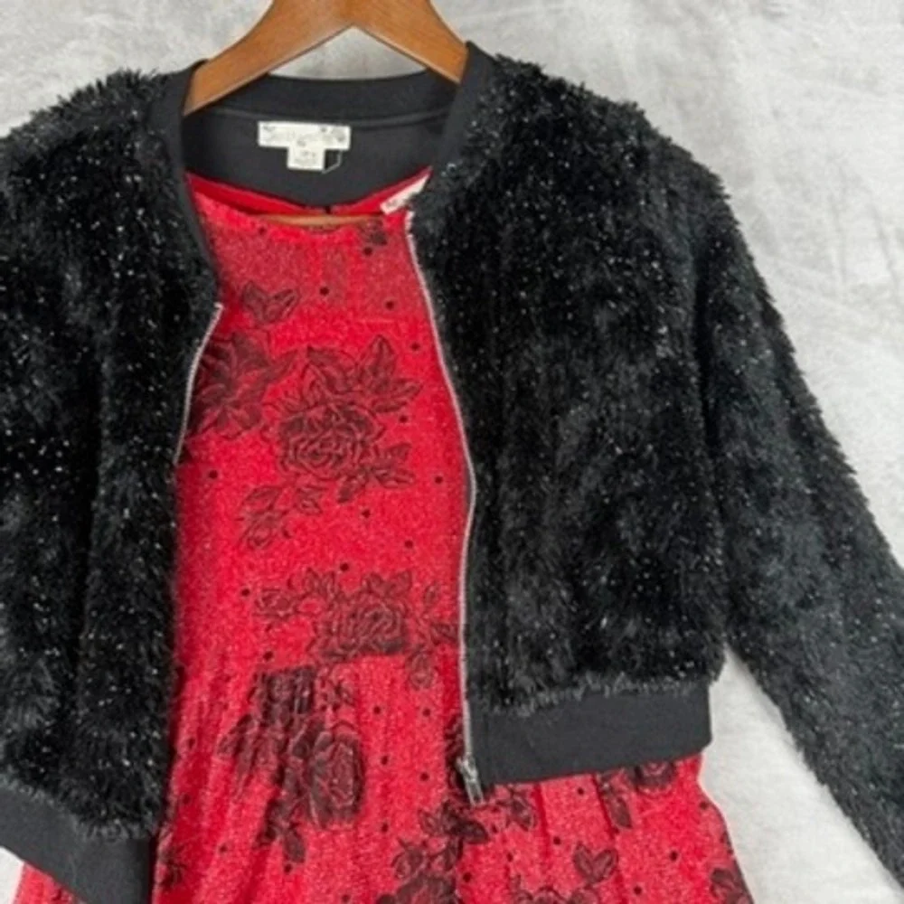 Girls Red Black Rose Print‎ Mesh Tiered Dress Fuzzy Jacket Set 16